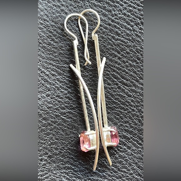 Modern Geometric Sterling Silver Rhodolite Garnet Dangle Earrings - Picture 3 of 4
